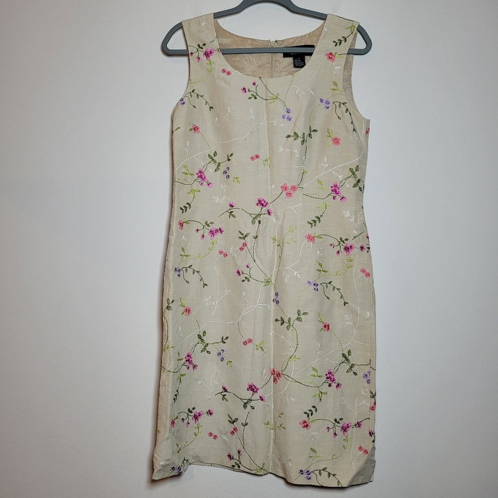 Vintage B. Moss Cream Floral Midi Dress Sleeveless Size 6 90s Wedding Guest